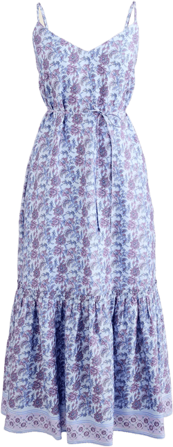 Tiered tie-waist dress in dusty periwinkle block print - DUSTY PERI