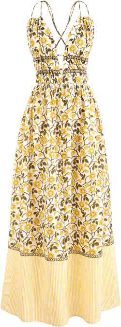 Cotton voile plunge maxi dress in daffodil daze block print