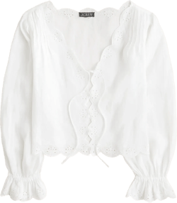 Scallop-trim tie-front top in ramie - WHITE