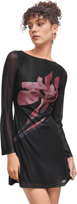Mesh Boat Neck Floral Mini Dress