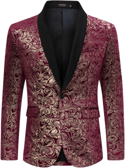 Men's Gold-Foil Printed Suit Jacket Blazer with Velvet-Like Base Fabric Burgundy Gold S