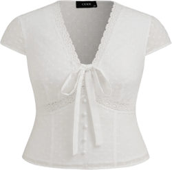 Cotton V-neck Broderie Anglaise Bowknot Blouse Curve & Plus