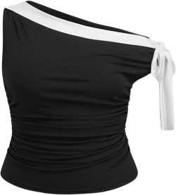 Asymmetrical Neck Contrasting Binding Ruched Knotted Top Curve & Plus