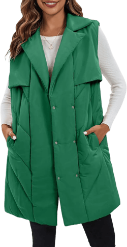Fazortev Womens Long Quilted Puffer Vest Sleeveless Warm Down Jackets Coats with Pockets