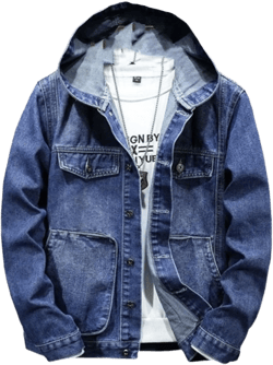Men's Hooded Denim Jacket Casual Baggy Windproof Pocket All-in-One Long-Sleeved Denim Coat Navy Blue XX-Large