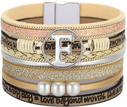 Initial Letter Leather Boho Bracelets for Women Wrap Cuff Bracelets Gifts for Women Trendy Pearl Beads Cuff Bracelet Jewelry