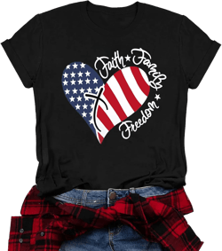 VVNTY American Flag Heart Shirt Women Patriotic T-Shirt 4th of July Graphic Tees Shirts USA Flag Star Stripe Tops X-Large Black