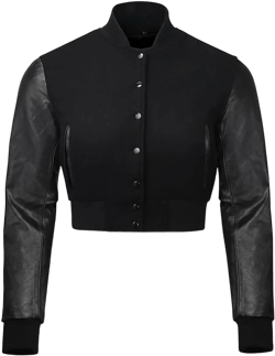 Cropped Letterman Jacket Woman - Bomber Long Leather Sleeve Baseball Varsity Jacket Women Black Large