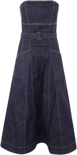 strapless belted denim midi dress