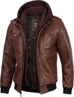 Decrum Hooded Leather Jacket Men - Casual Detachable Hood Leather Jackets for Men Medium Edinburgh Brown
