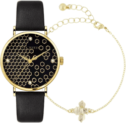 Ted Baker Women's Phylipa Beehive Black Leather Strap Watch 37mm and Bracelet Gift Set, 2 Pieces