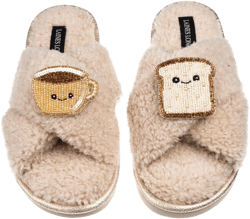 Women's Brown / Neutrals Laines Boucle Slippers With Laines Loveables Tea & Toast Brooches - Oatmeal