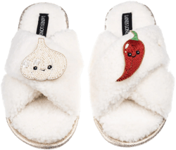 Women's Neutrals / White Laines Boucle Slippers With Laines Loveables Garlic & Chilli Brooches - Cre