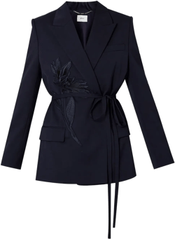 Flower Double-breasted Belted Wool Blazer In Navy