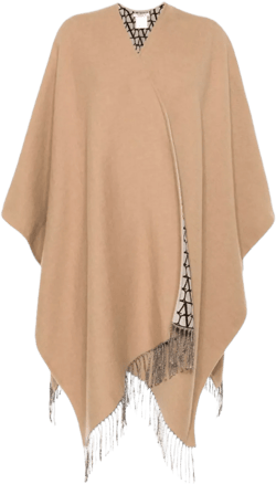 Fringed Geometric Jacquard Cape Poncho In Nude