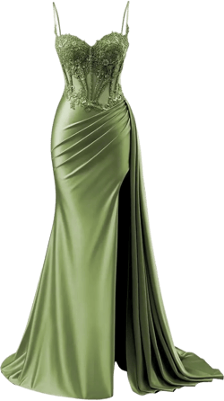 Women's Mermaid Satin Prom Dresses Long Spaghetti Straps Lace Applique Formal Evening Gowns with Slit Olive Size 26