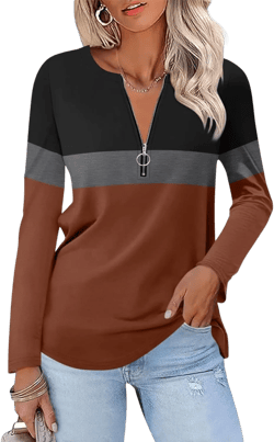 ORANDESIGNE Women's Long Sleeve Shirts Color Block Zipper Tops Tunics Casual Fall Ladies Tees Black-charcoal-copper X-Large