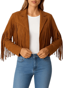 Jild Suede Leather Jacket Women Long Sleeve Fall & Winter Women's Fashion Moto Biker Jacket Open Front Cropped Coat Outerwear X-Large Tan Fringe