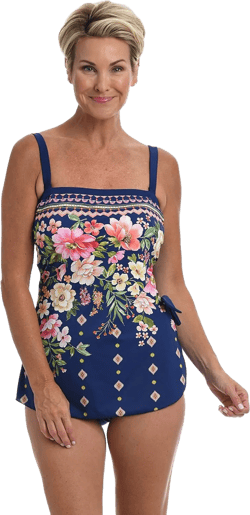 Maxine of Hollywood Women's Standard Bandeau Sarong One Piece Swimsuit, Navy//Border Blooms, 16
