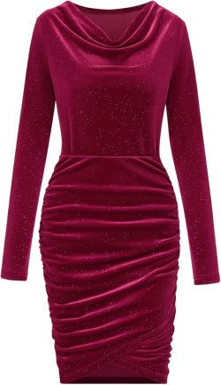 Women's Velvet Bodycon Dress Ruched Elegant Party Cowl Neck Clubwear Short Prom Night Gown Tight Sparkly Midi Cocktail Dress Large Wine