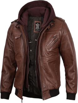 fjackets Real Leather Bomber Jacket - Motorcycle Casual Stand Collar Jackets with Removable Hood X-Large Brown - Edinburgh Hooded Jacket