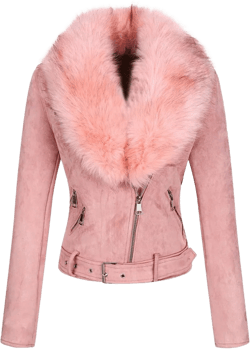 Bellivera Women Faux Leather Suede Jacket Moto Biker Coat Sherpa-Lined Overcoat with Removable Belt Pink X-Large