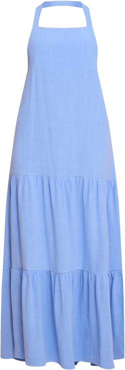 Sky Blue Textured Halterneck Drop Waist Maxi Dress