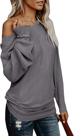 UMEKO Womens Off The Shoulder Sweater Oversized Knit Long Sleeve Sweaters Tunic Tops Small Grey