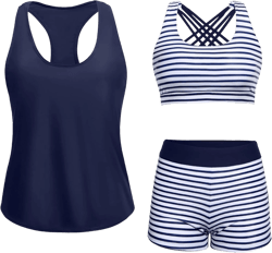 Aqua Eve 3 Piece Athletic Tankini Swimsuits for Women with Swim Tank Tops with Boy Shorts and Sports Bra Modest Bathing Suit X-Large Blue and White Striped& Navy