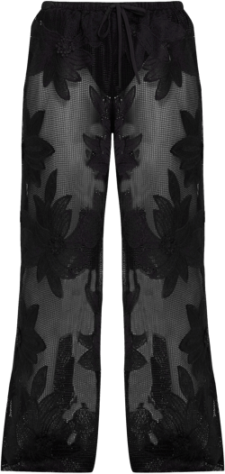 Black Textured Flower Detail Wide Leg Pants