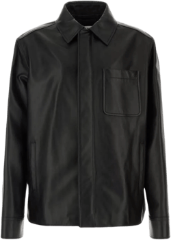 Loewe Men's Black Leather Jacket With Collared Neck And Front Pocket