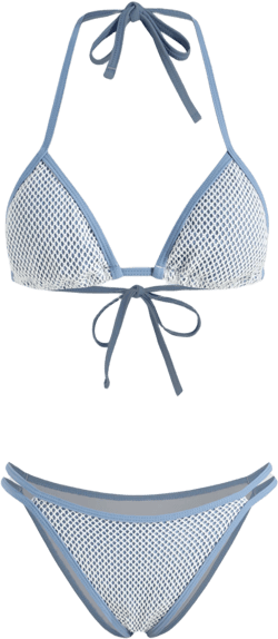 Halter Neckline Contrasting Binding Crochet Triangle Cheeky Bikini Set With Cover Up Skirt