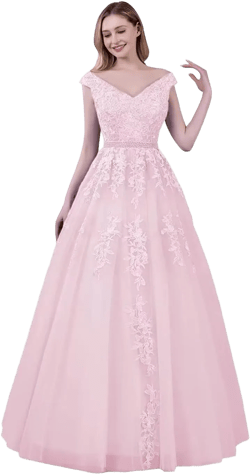 Tulle Prom Dresses Long Off-Shoulder Ball Gowns V Neck Laces Appliques Elegant Formal Evening Party Gowns for Teens Pink 4
