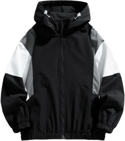 Generic Men's Outdoor Hooded Zip-Up Jacket Patchwork Loose Wind-Proof Windbreaker Couple Men Clothing Small Black