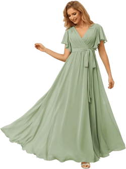 Raseal Flutter Sleeve Chiffon Bridesmaid Dress Long with Pockets V Neck Pleated Formal Dress for Women RS037 Sage Green 0