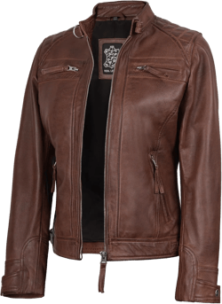 Decrum Real Womens Leather Jacket - Cafe Racer Style Leather Jackets for Women Small Diamond 1 Leather Jacket - Brown Cognac With Wax
