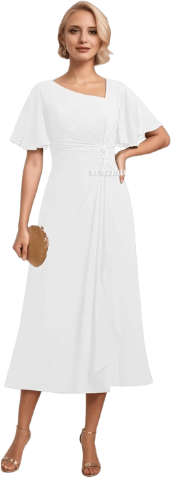 Tea Length Mother of The Bride Dresses for Wedding Pleated Crystal Brooch Chiffon Formal Evening Gowns with Sleeves White 24 Plus