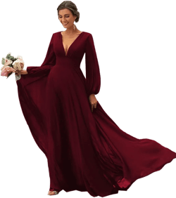 Elegant V Neck Chiffon Bridesmaid Dresses Long 2025 Burgundy Long Sleeve Pleated Aline Prom Evening Party Gowns for Teens 10