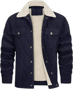 Maiyifu-GJ Men Sherpa Fleece Lined Denim Jacket Corduroy Lapel Slim Fit Trucker Jacket Vintage Button-Front Windbreaker Coats Medium Navy