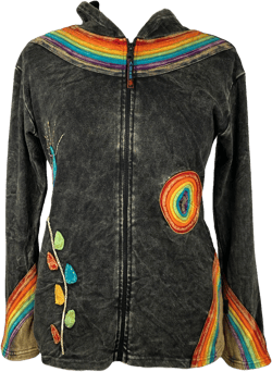 RJ 70 Bohemian Knit Rainbow Distressed Denim Hoodie Jacket