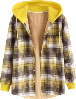 ZAFUL Men's Casual Plaid Fleece Jacket Unisex Men Drawstring Hooded Coat Fuzzy Hoodie Large Yellow