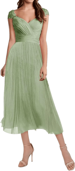 Women Elegant Cap Sleeve Lace Empire Waist Tea Length Bridesmaid Dresses Formal Evening Dresses 22 Plus Sage