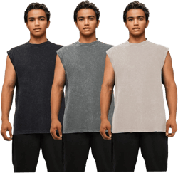 Men's Cotton Muscle Tank Tops Wash Solid Vintage Sleeveless T Shirts Crew Neck Gym Tank Shirts Black-gray-beige Large