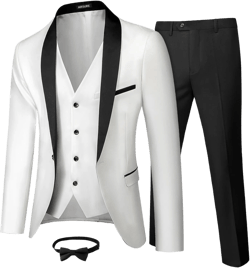 MrSure Men’s 3 Piece Slim Fit Suit, One Button Shawl Lapel Tuxedo, Premium Dinner Jacket Vest Pants & Tie Set X-Small Black Collar White
