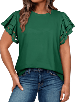 Eytino Womens Plus Size Tops Short Sleeve Round Neck Hollow Out Casual Loose Tunic Tees Shirts(1X-5X) 5X Green 109