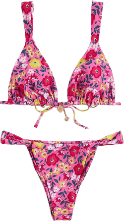 Women's 2 Piece Floral Print Bikini Set Triangle Bathing Suit Spaghetti Strap Tie Backless Swimsuit Sets Small Multicolor
