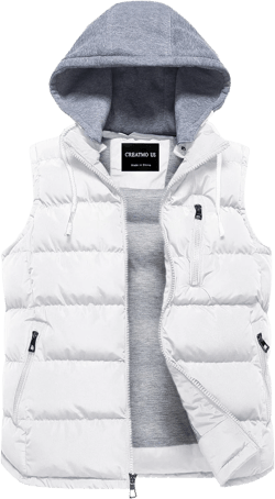 CREATMO US Men's Outdoor Winter Vest Outerwear Removable Hooded Padded Puffer Sleeveless Vest Medium White