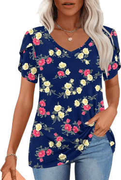 CATHY 2025 Woman Tops Summer Short Sleeve V-neck T-shirt Casual Loose Blouse Plus Size Beach Tunic Blue Camellia 4X-Large