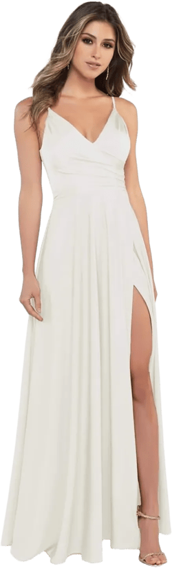 V Neck Satin Bridesmaid Dresses Long for Women Spaghetti Straps Prom Party Formal Gowns with Pockets Ivory 24 Plus