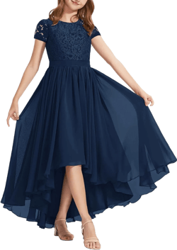 HOSIKA Flower Girls Dress Elegant Lace Chiffon A-line Long Junior Bridesmaid Dress for Formal Wedding Navy Blue 12-13Y